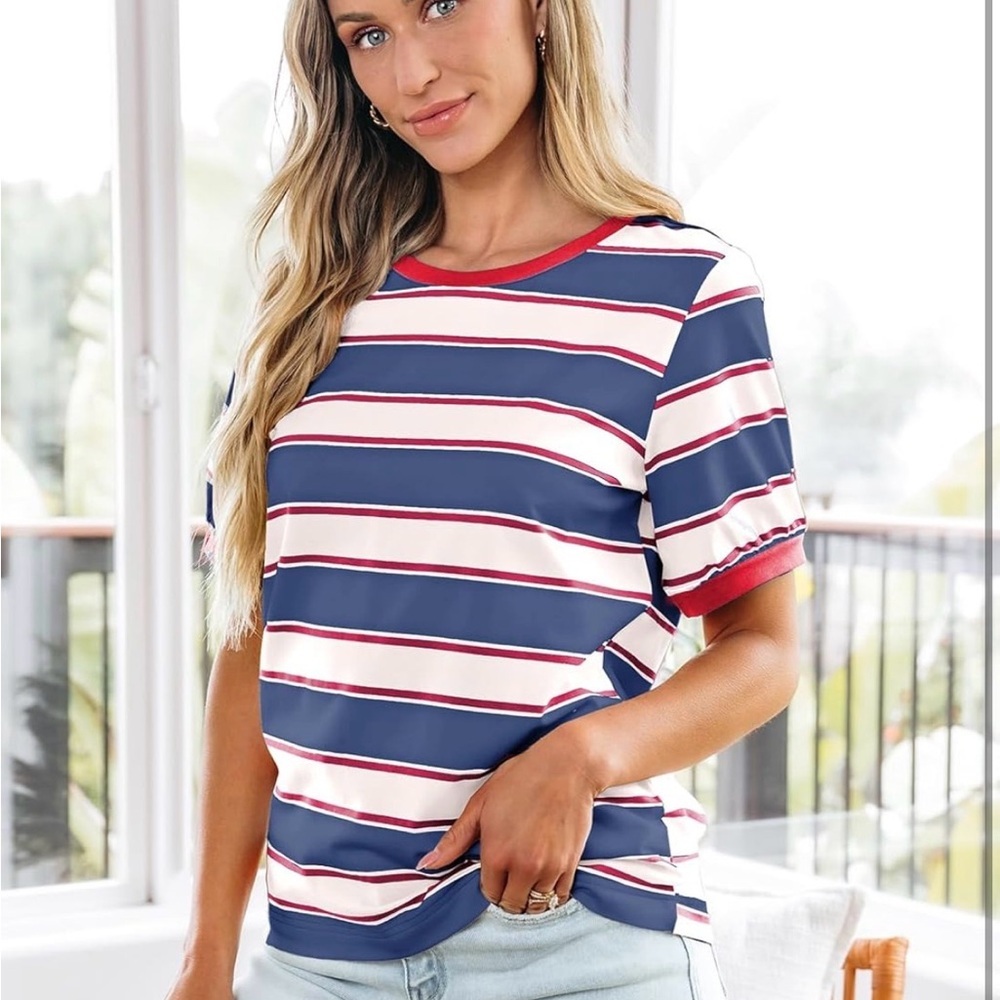 Striped Colorblock Ringer Tee Medium Red White Blue Casual Top Vintage style